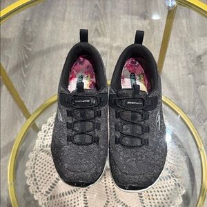 Skechers Black Knit Slip-On Athletic Sneakers with Pink Floral Insole